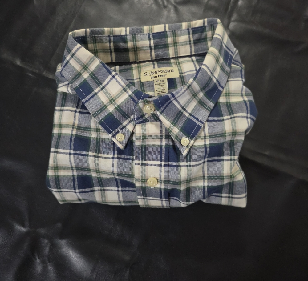 St. John's Bay Green, Blue & White Plaid Button-Down Shirt